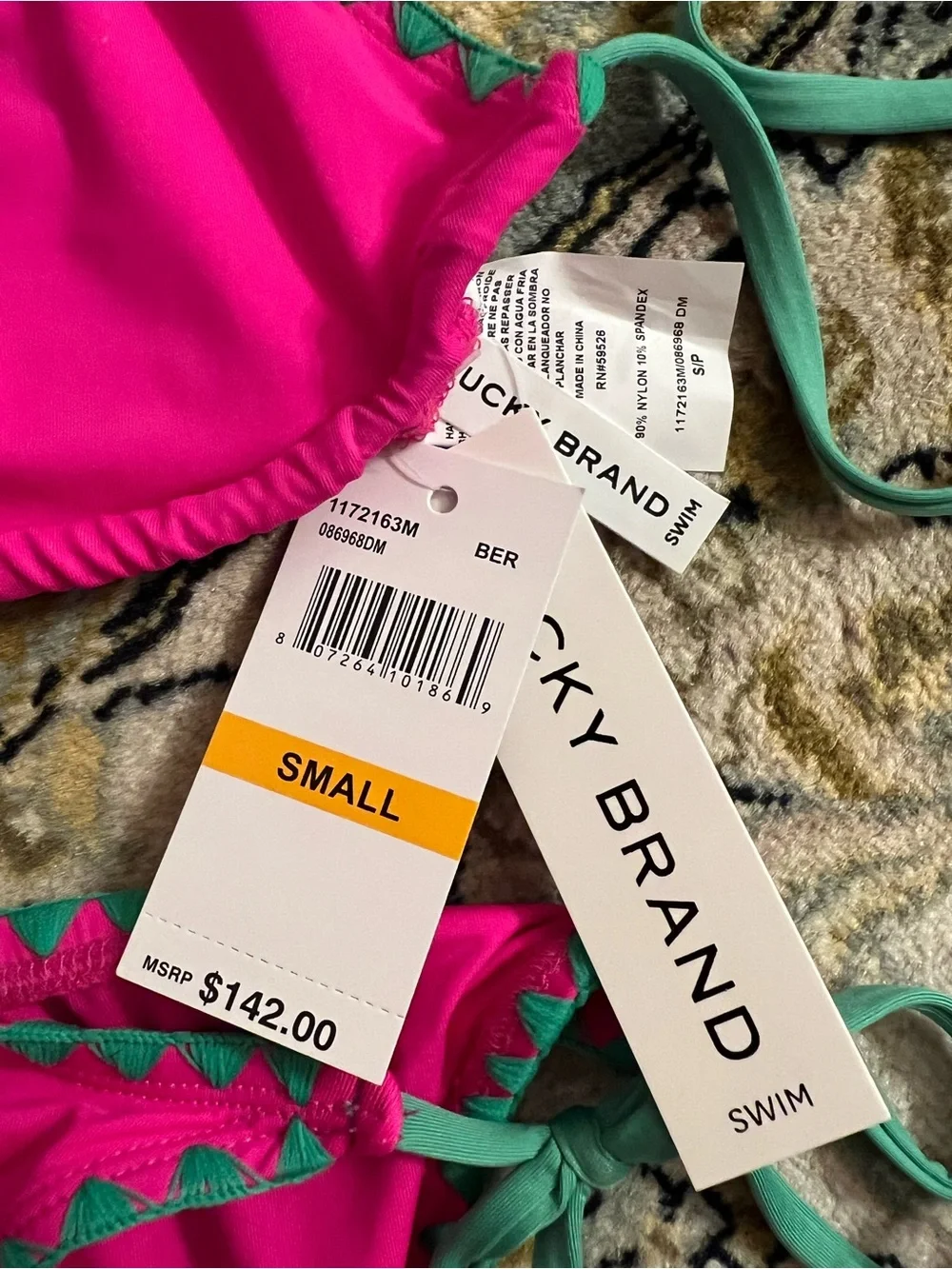Lucky Brand avila hot Pink / green Two-Piece Bikini swimwear tassel new triangle